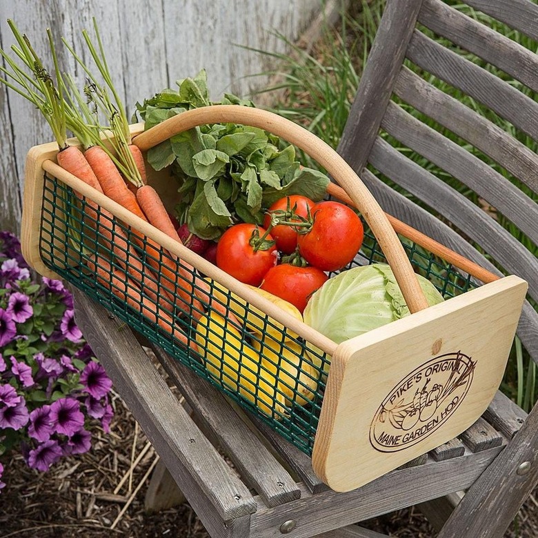 A garden hod with carrots, tomatoes, cabbage, and leafy greens inside