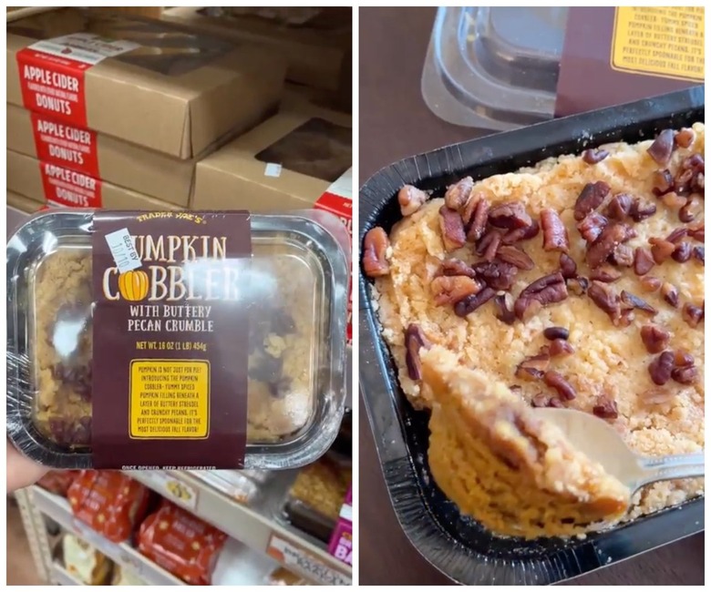 A hand holding pumpkin cobbler from Trader Joe's on the left. On the right is a spoon scooping out a bite of the pumpkin cobbler.