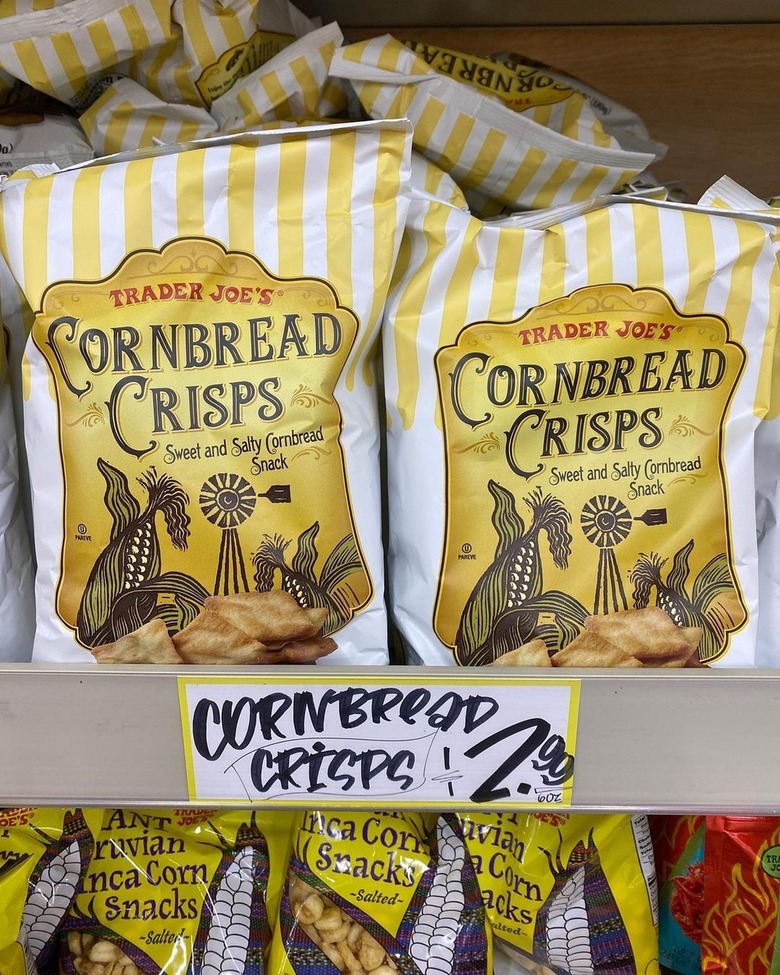 Cornbread Crisps on a shelf in Trader Joe's.