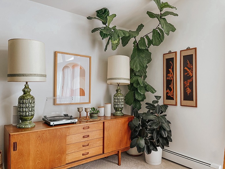 Fiddle leaf fig tree in living room next to wood credenza and art