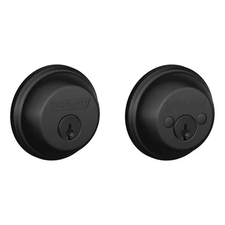 Two black deadbolt locks on a white background