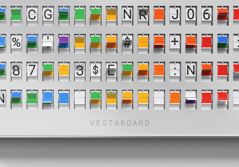 white vestaboard flipping through numbers and colors