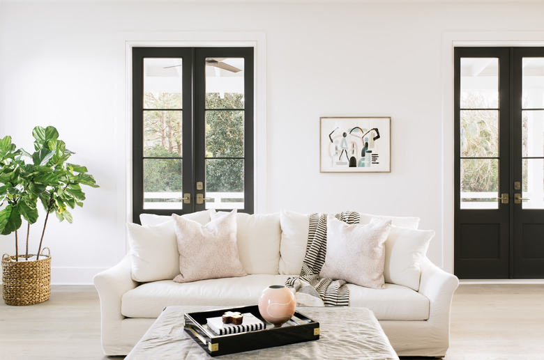 black-and-white living room idea with black French doors and white sofa