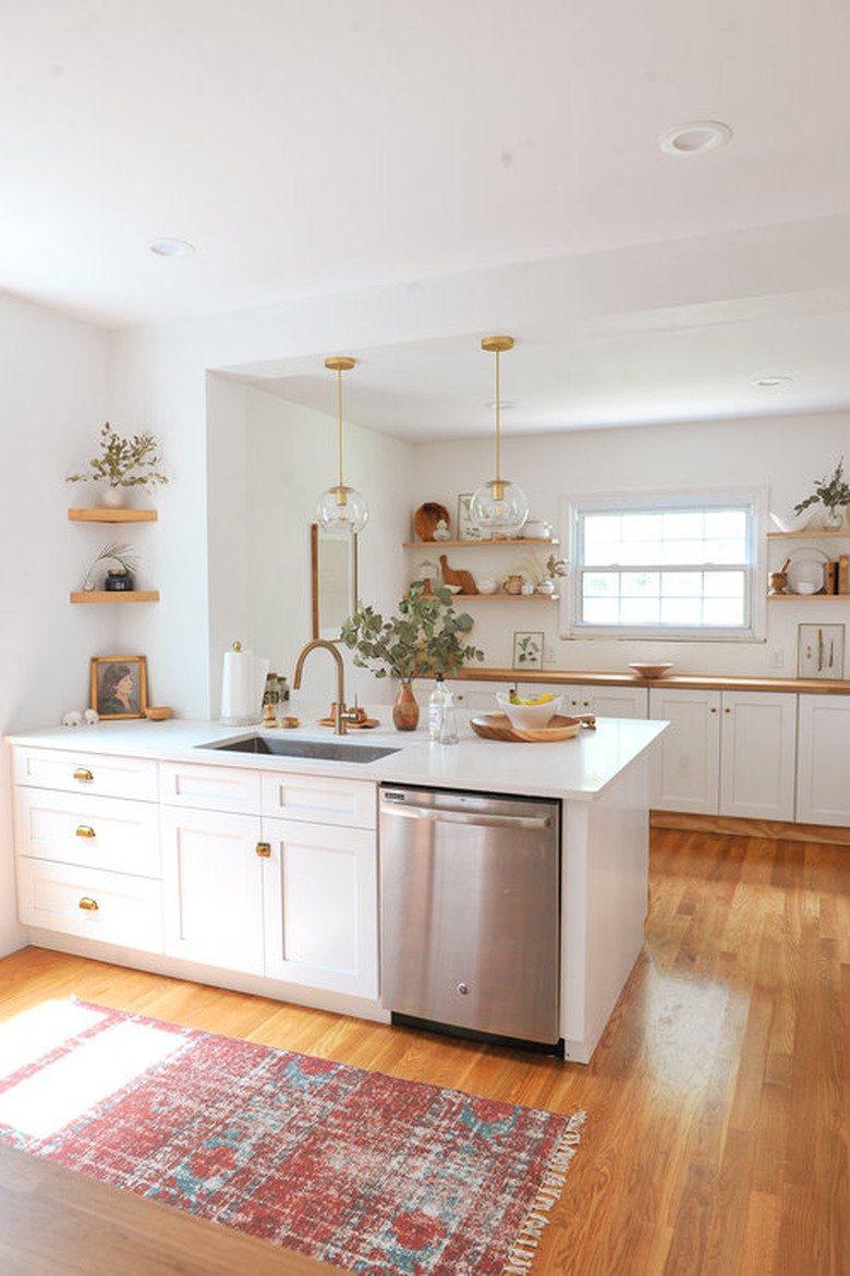 Craftsman kitchen with wood flooring and open shelving