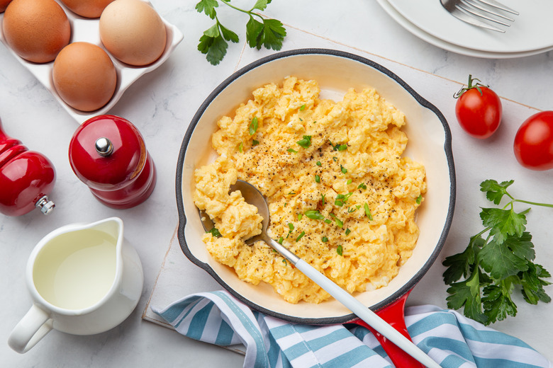 scrambled eggs for breakfast on frying pan