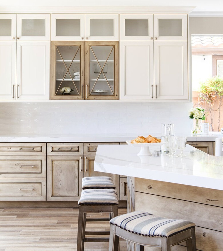 kitchen with distressed lower cabinets