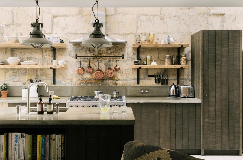 contemporary kitchen with green distressed cabinets