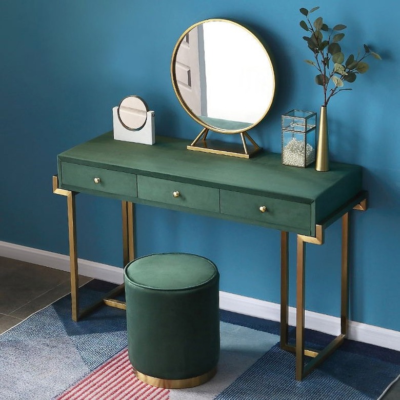 Homary Green Velvet Upholstered Vanity Table with green velvet stool