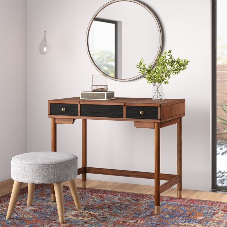 AllModern Boleynwood Vanity with Mirror and grey upholstered stool