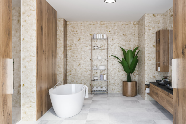 Wooden bathroom interior, black sink and tub