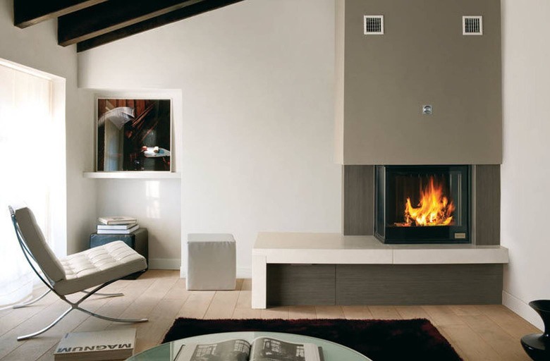 midcentury modern style home inset glass and stone fireplace