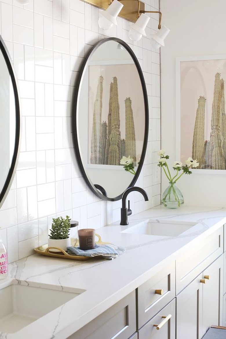 thin marble style quartz bathroom countertop on gray vanity cabinet