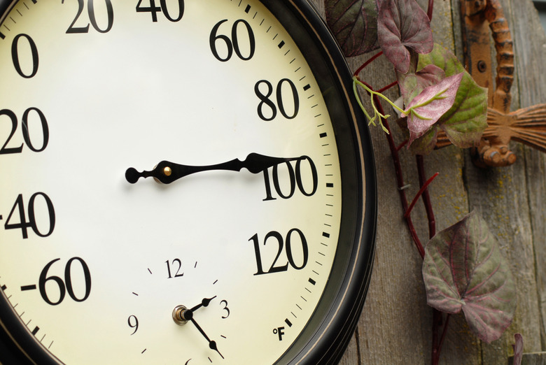 Old thermometer and clock on a weathered wall