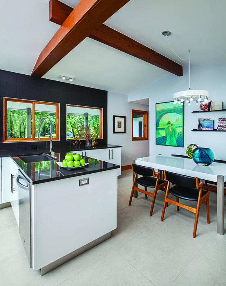 Detroit midcentury kitchen with white kitchen floor tiles and exposed wood beams