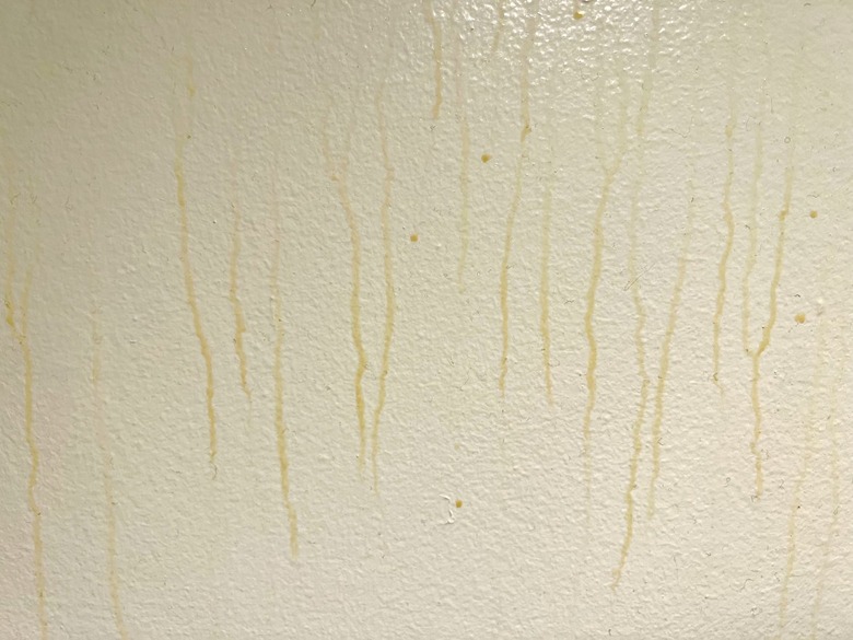 brownish drips down a white wall in a bathroom