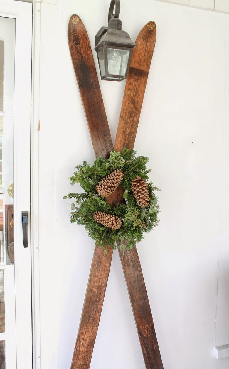 winter front porch with vintage skis