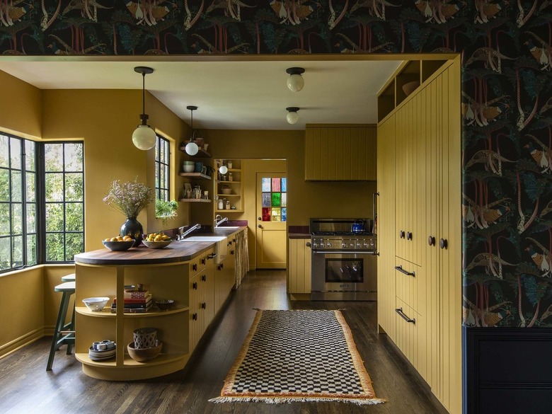 yellow kitchen with wood countertops