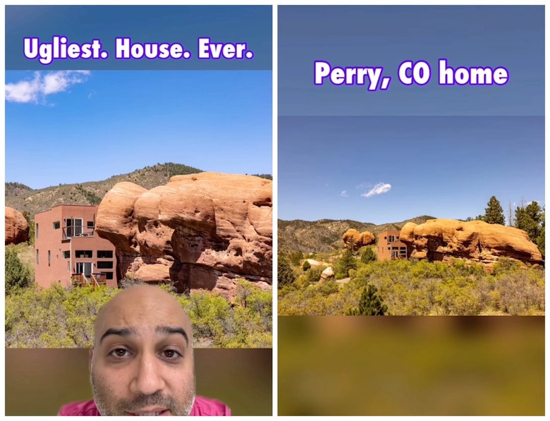 Exterior of a brick-colored building with red rocks sitting in front of it. It reads 