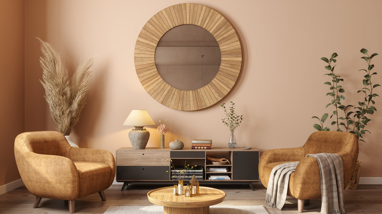 livign room with beige pink walls