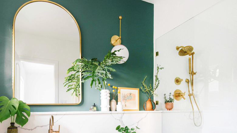 green bathroom idea with patterned floor tile