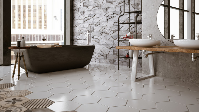 marble hexagonal tile flooring in bathroom