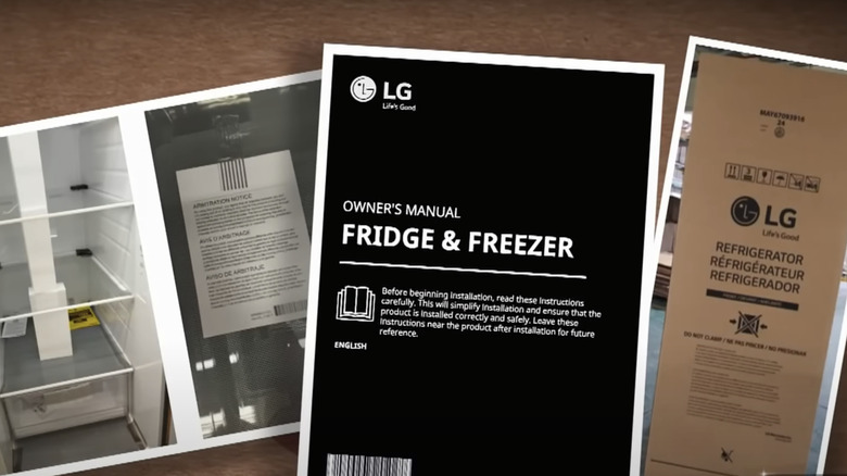 photos of LG's arbitration clauses taped to inside of fridge, the front of the fridge owner's manual, and the fridge cardboard box with the arbitration clause printed on it