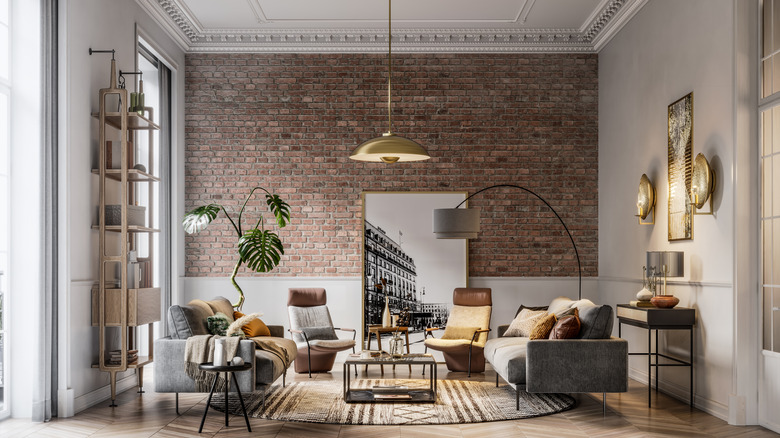 loft living room with exposed brick