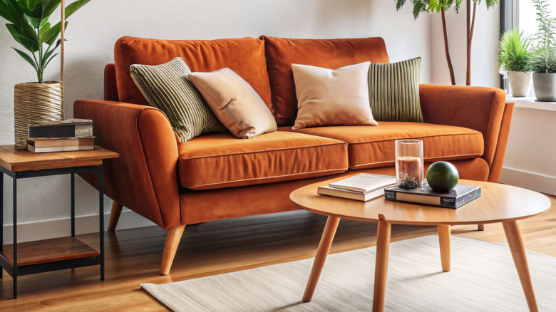 rusty orange loveseat, tables and plants