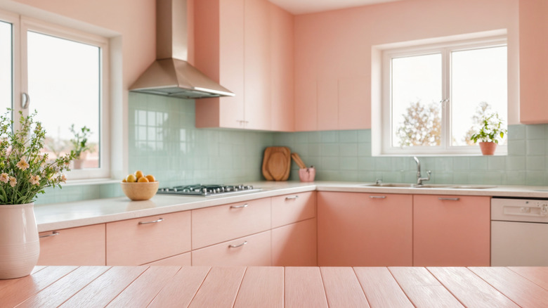 light pink colored kitchen with a few potted plants and light green backsplash