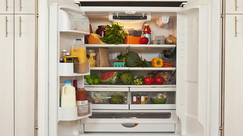 Open refrigerator filled with food