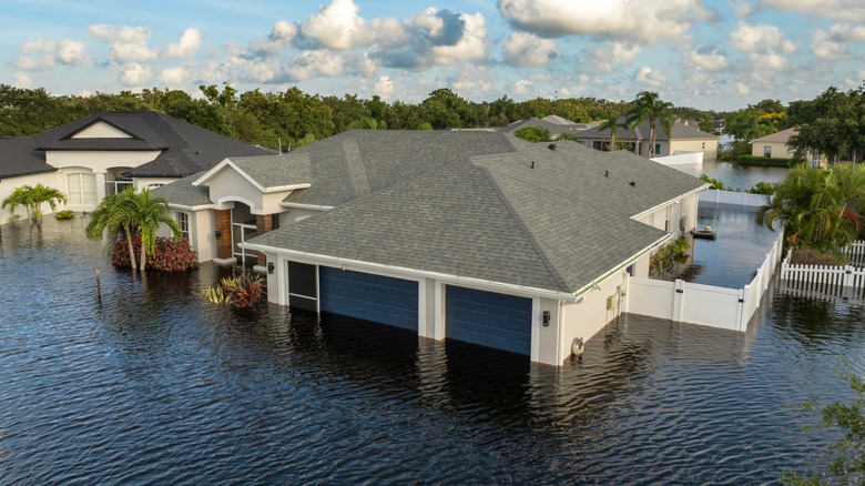 Exterior of flooded home and yard