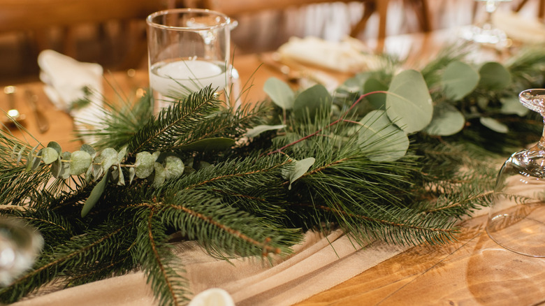 eucalyptus and pine tablescape