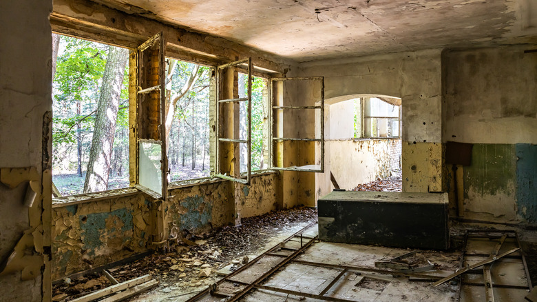 The interior of a badly damaged kitchen, rotted almost to the studs.