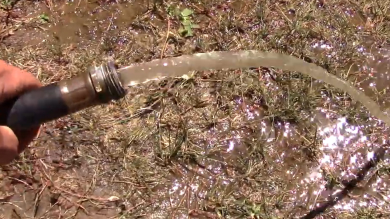 Dirty water running from DIY pool vacuum made with garden hose