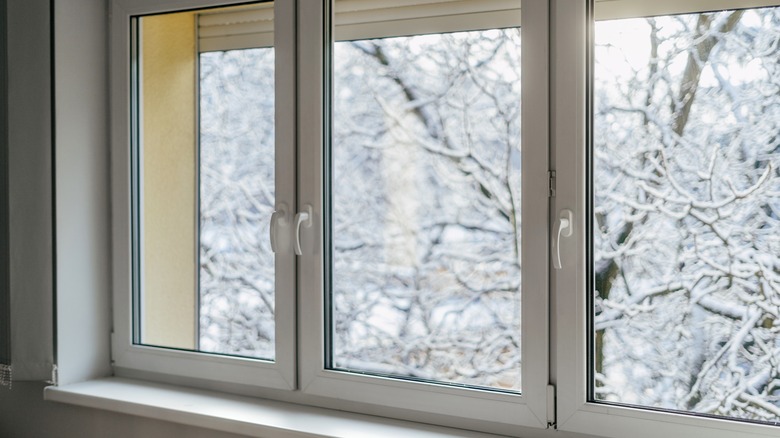 Home windows from inside with snow outside