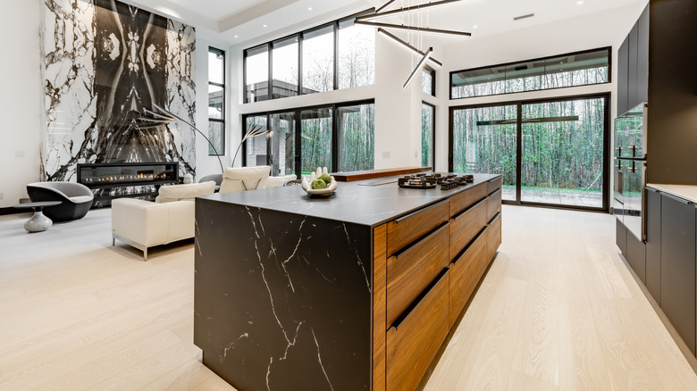 Kitchen with a black granite island