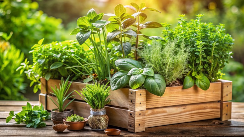 A wooden crate filled with fresh herbs, sitting on a table in a garden.