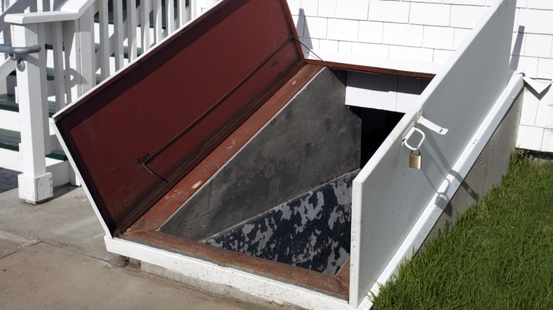 Open doors of a storm cellar, which often double as root cellars