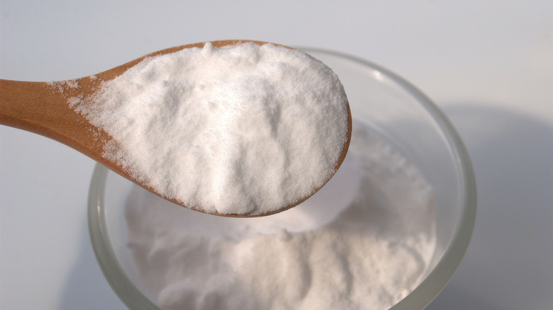 baking soda in spoon and glass bowl