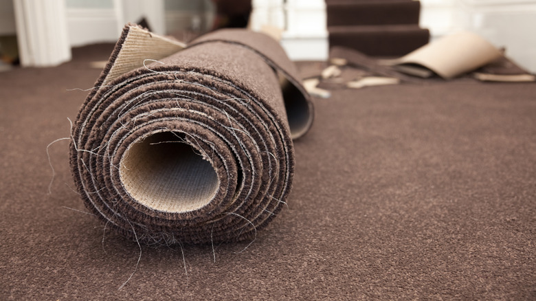 Rolled-up carpet resting on top of brown carpeting