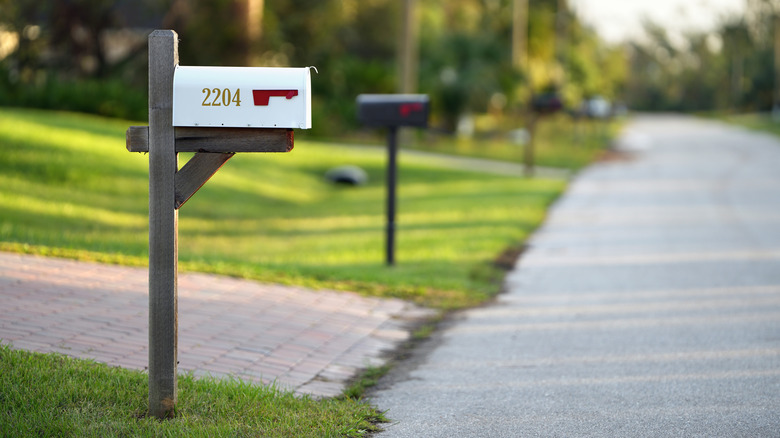 a driveway meets a street and there is a white mailbox on a wooden post with a red flags and the numbers 2204 on the side