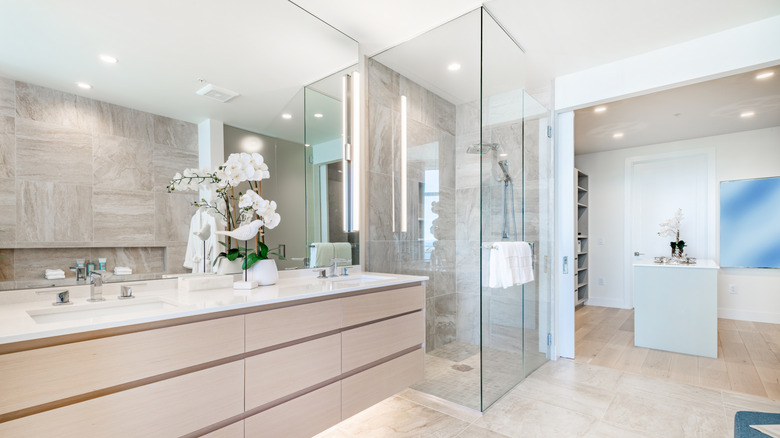 A luxurious bathroom includes a clean countertop with two sinks and a glass shower.