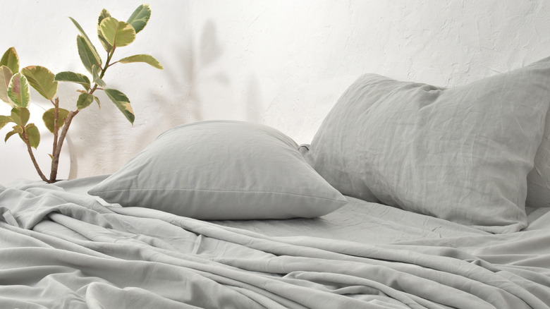 light gray linen sheets with plant in the background