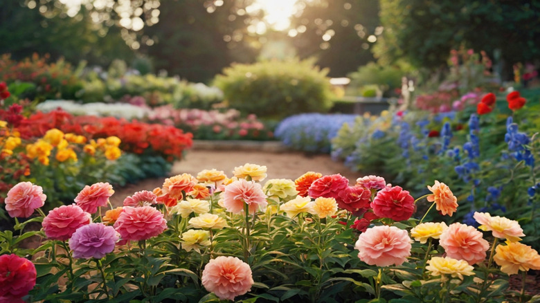 pink, red, yellow, and purple carnations are in focus in a colorful garden with a brick pathway and red, yellow, and blue flowers in the background