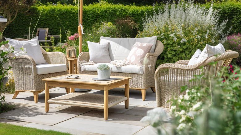 outdoor patio with wicker furniture