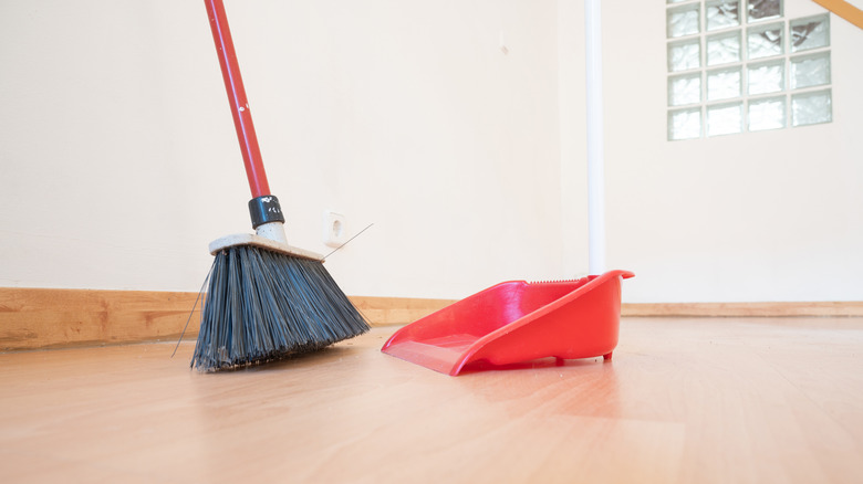 Bristle broom next to dust pan on floor