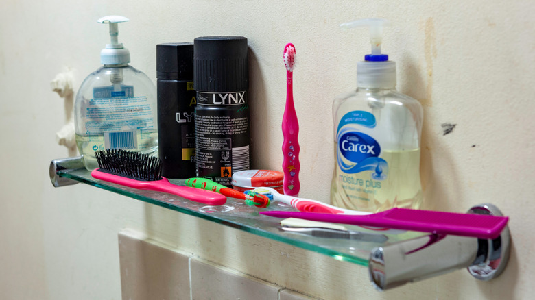 messy bathroom shelf