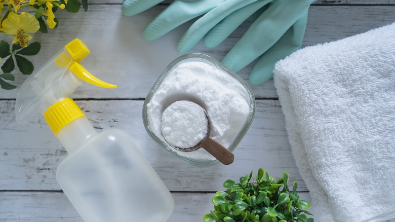 A spray bottle sits next to a container of baking soda, a towel, some plants, and a pair of blue rubber gloves on a wooden table.