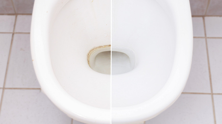 toilet bowl before and after with hard water stain