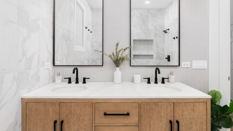 white oak bathroom double vanity